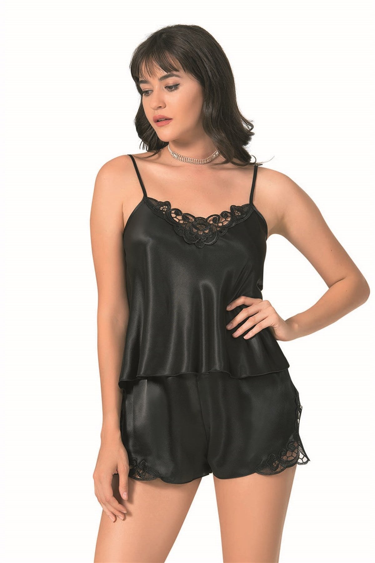 Schwarzes Babydoll-Shorts-Set aus Satin