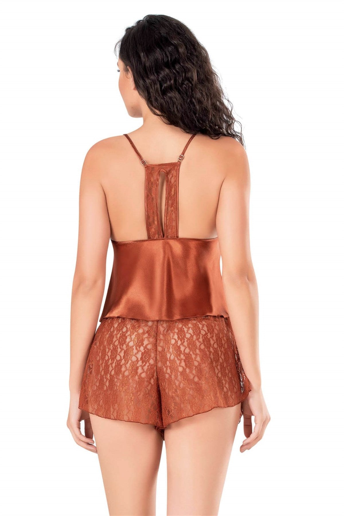 Zimtfarbenes Babydoll-Shorts-Set aus Satin