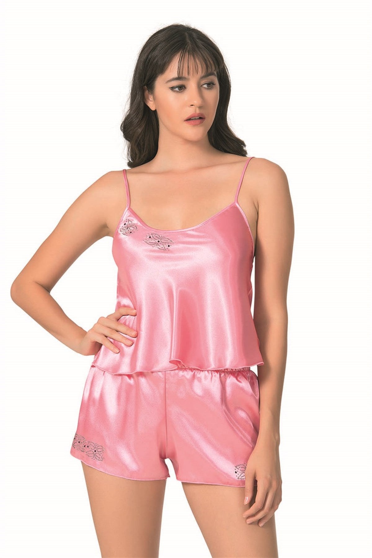 Dunkelrosa Babydoll-Shorts-Set aus Satin