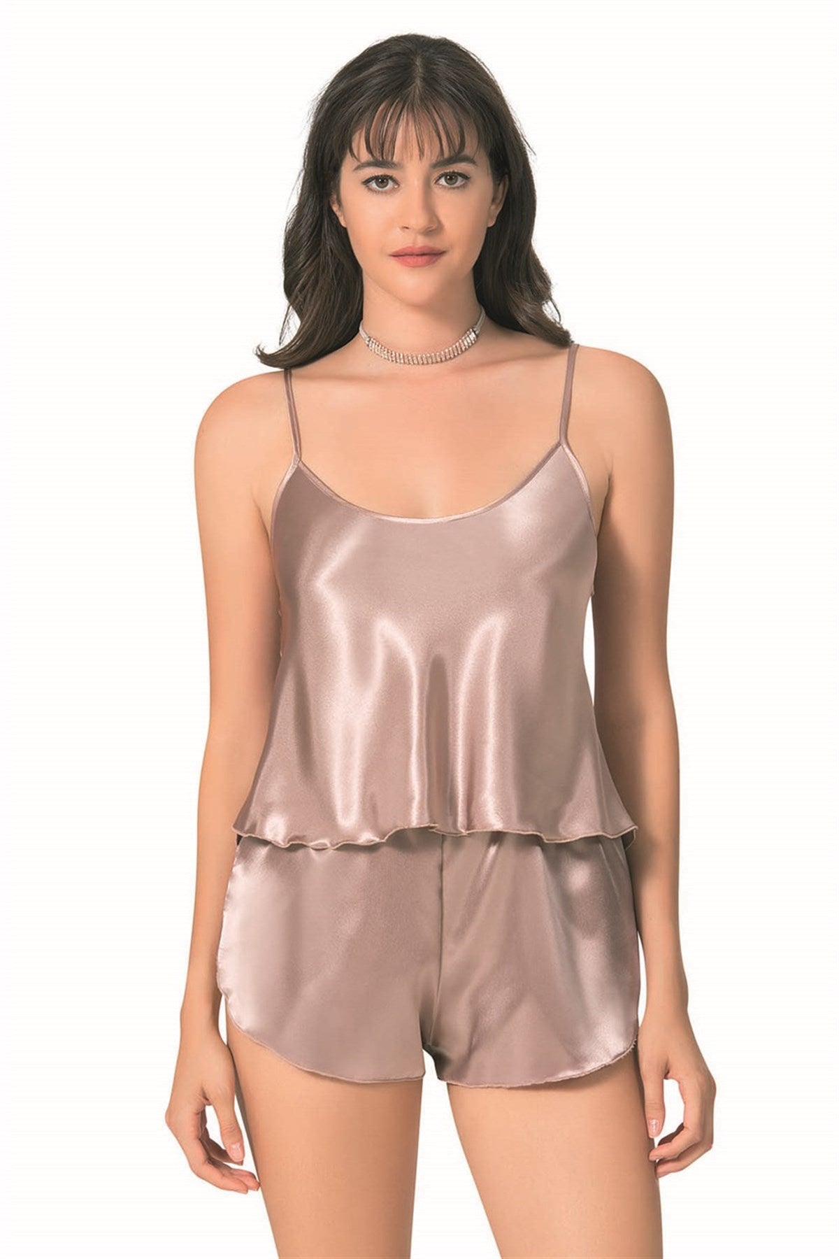 Nerzfarbenes Babydoll-Shorts-Set aus Satin