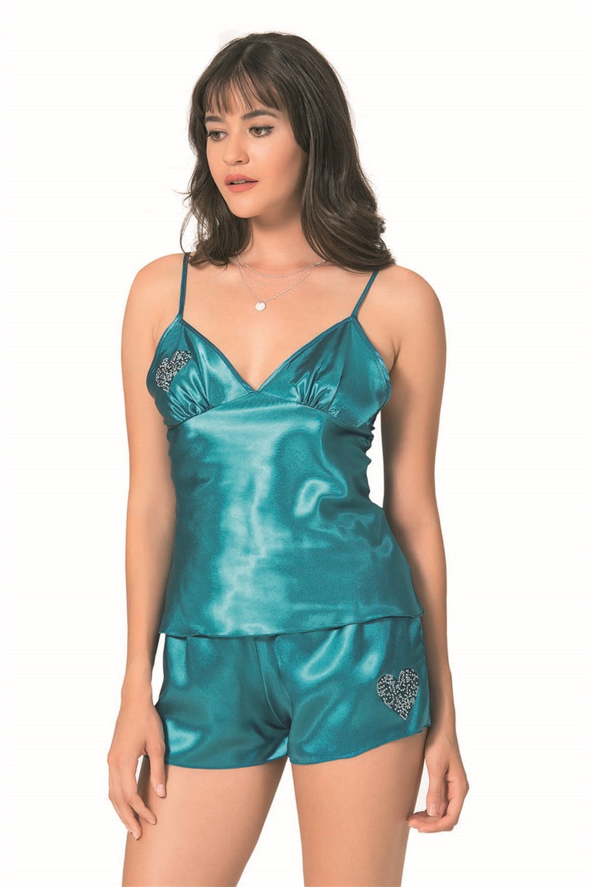 Petrolfarbenes Babydoll-Shorts-Set aus Satin