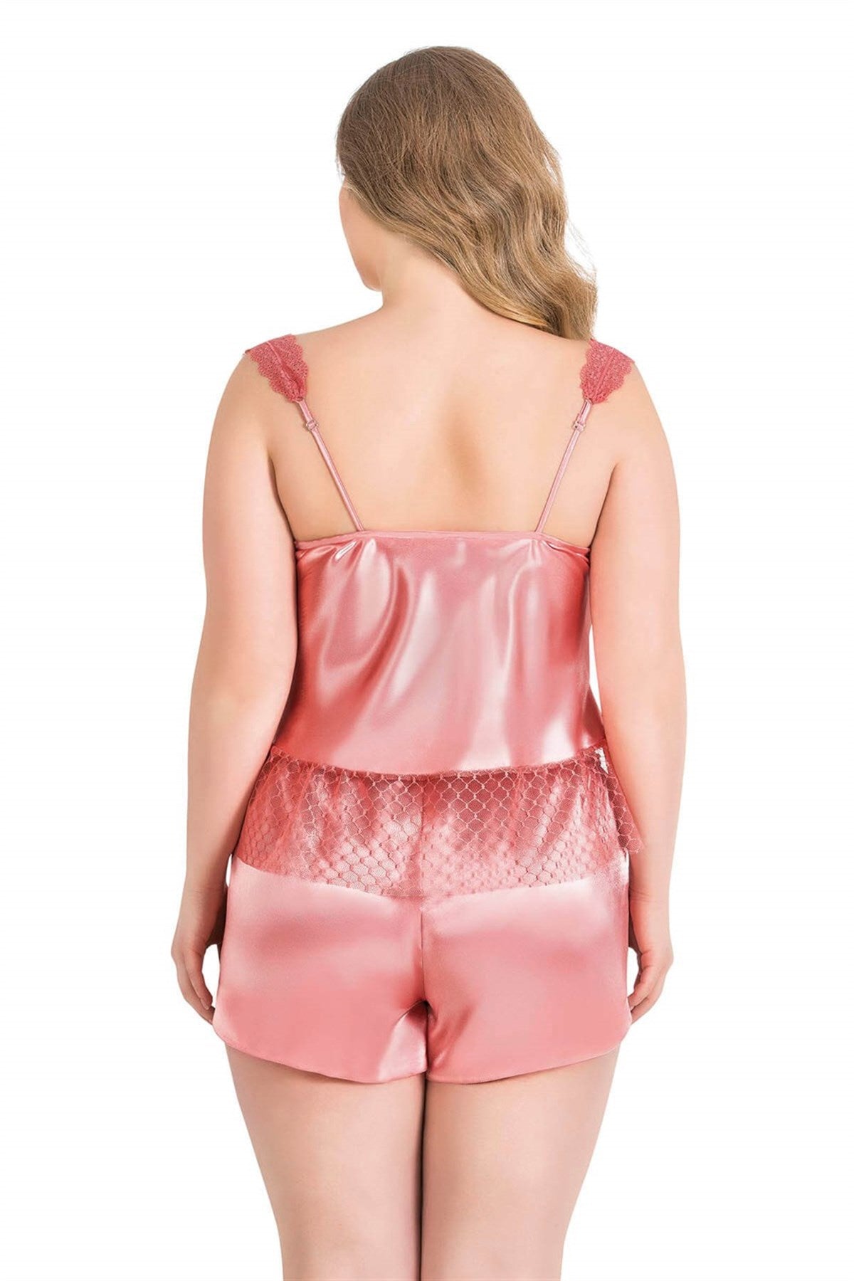 Babydoll-Shorts-Set aus Satin in Korallenrot in Übergröße