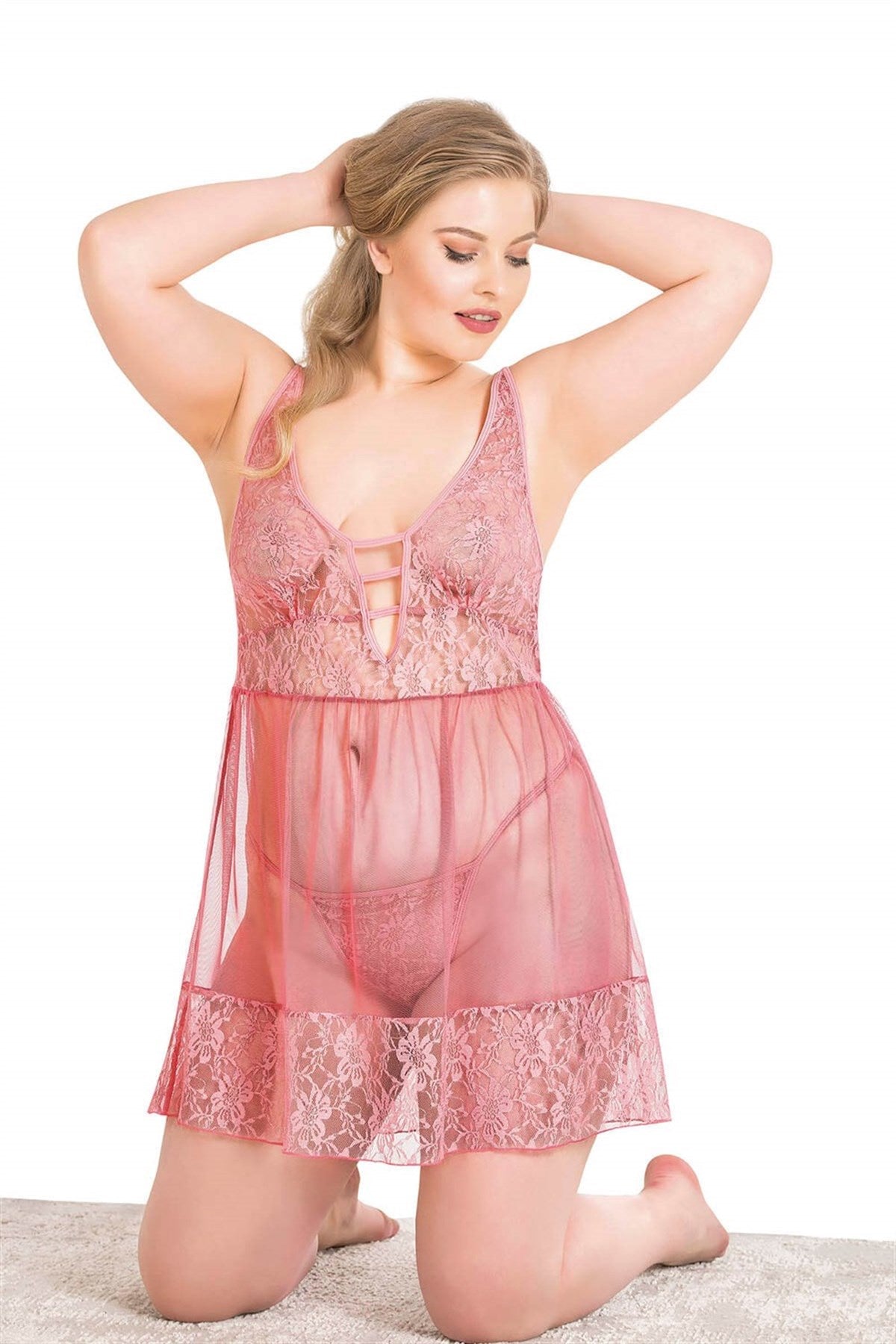 Kurze korallenfarbene Nachthemden aus Spitze in Übergröße