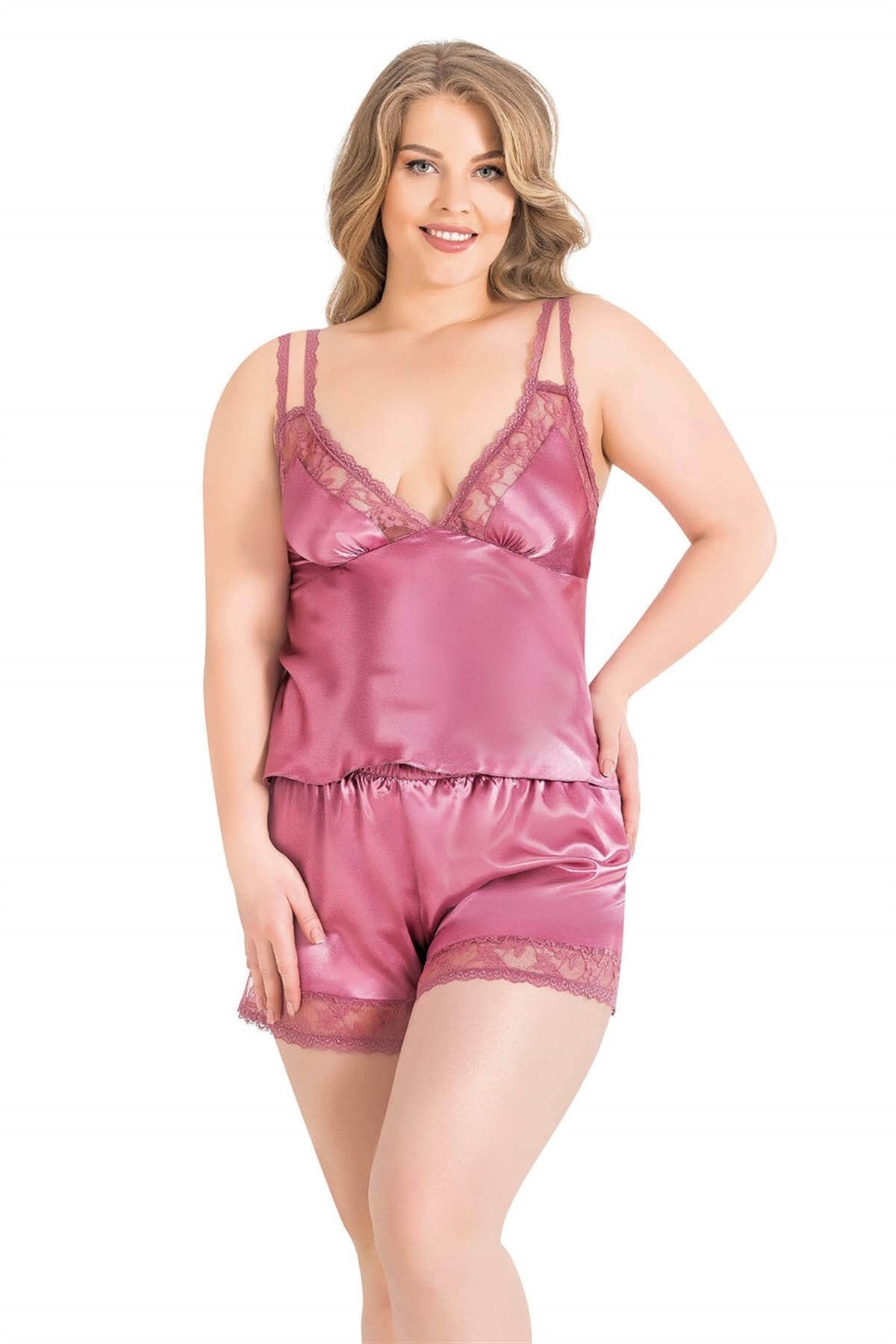Babydoll-Shorts-Set aus Satin in Altrosa in Übergröße