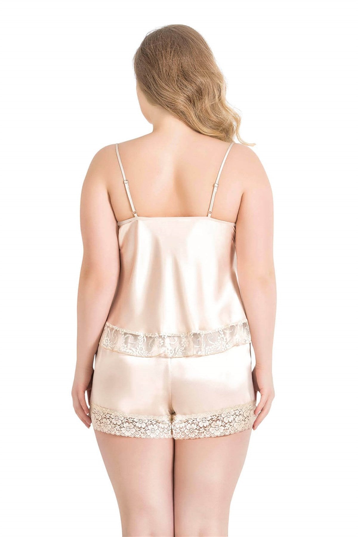 Elfenbeinfarbenes Babydoll-Shorts-Set aus Satin in Übergröße