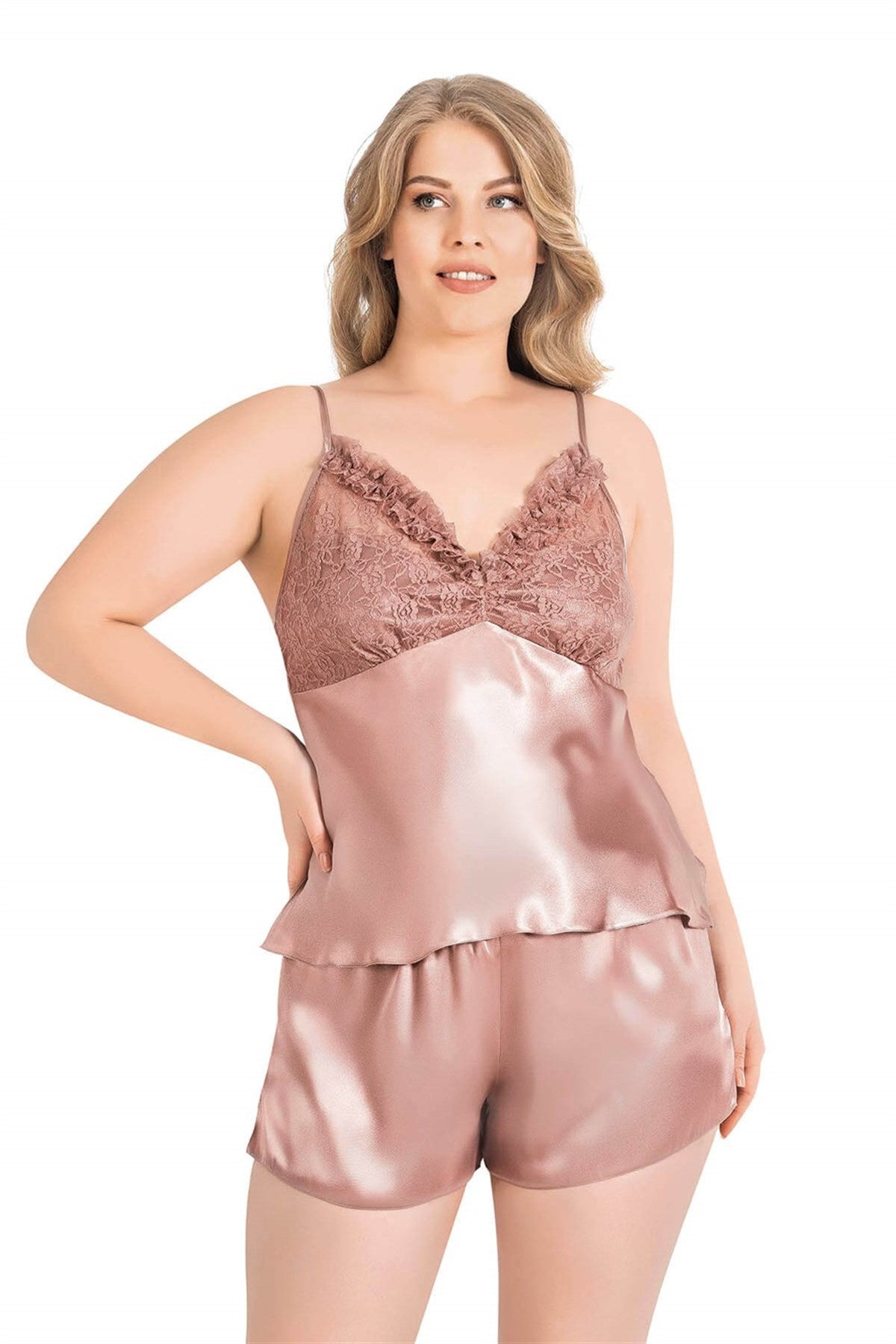 Babydoll-Shorts-Set aus Nerzsatin in Übergröße