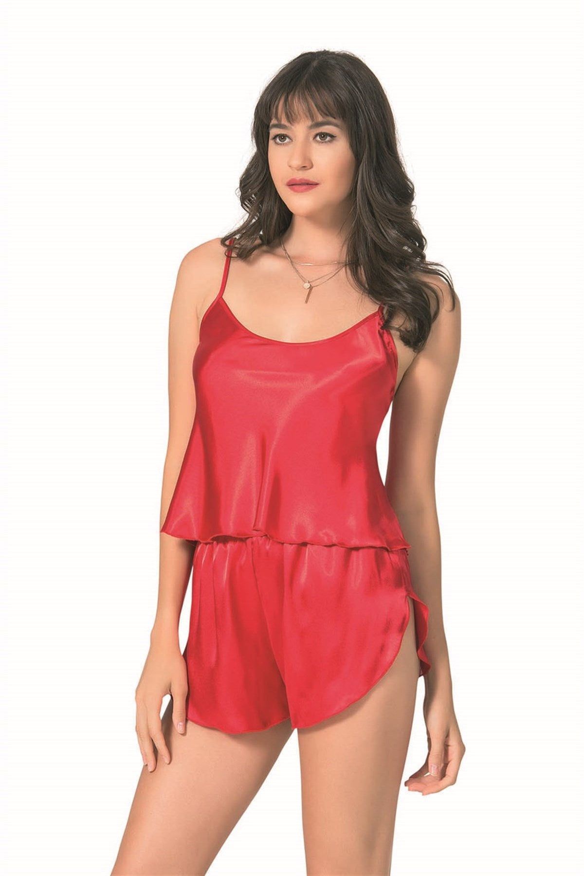 Rotes Babydoll-Shorts-Set aus Satin