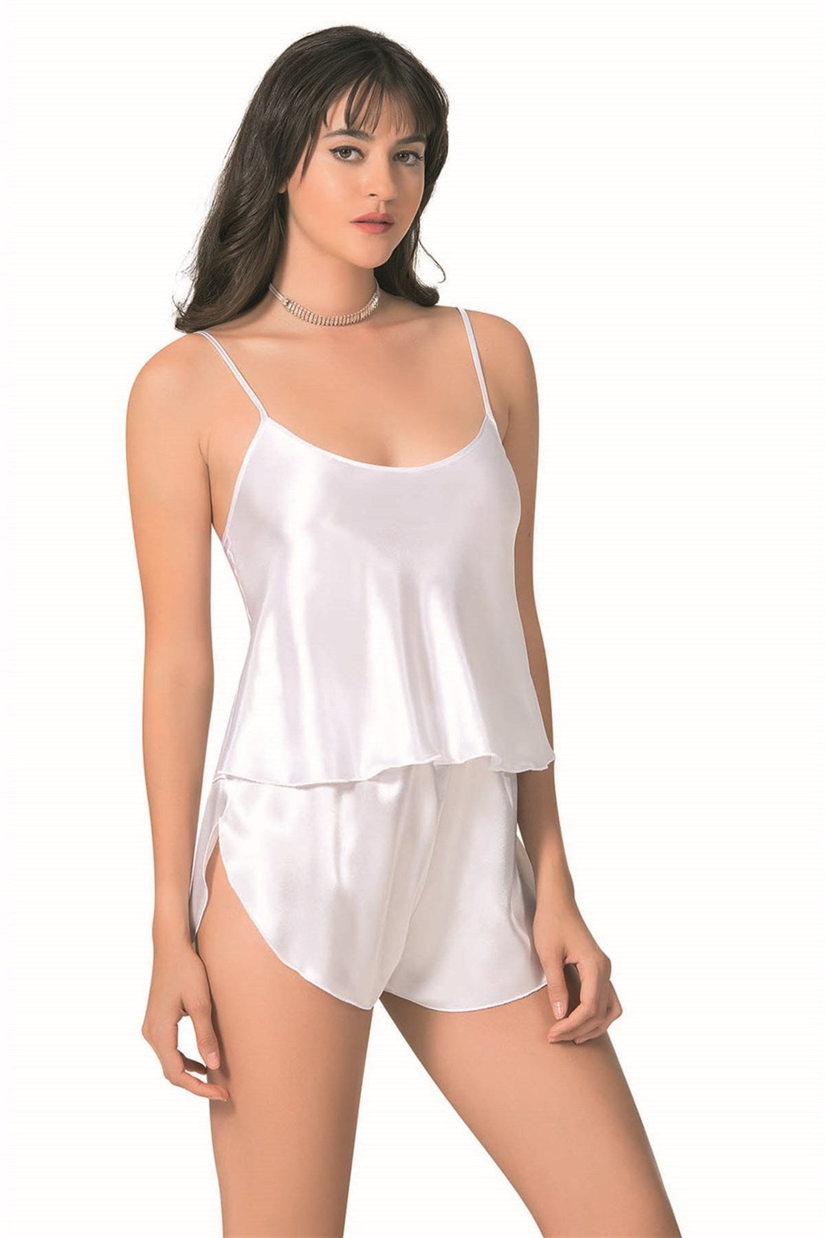 Weißes Satin-Babydoll-Shorts-Set