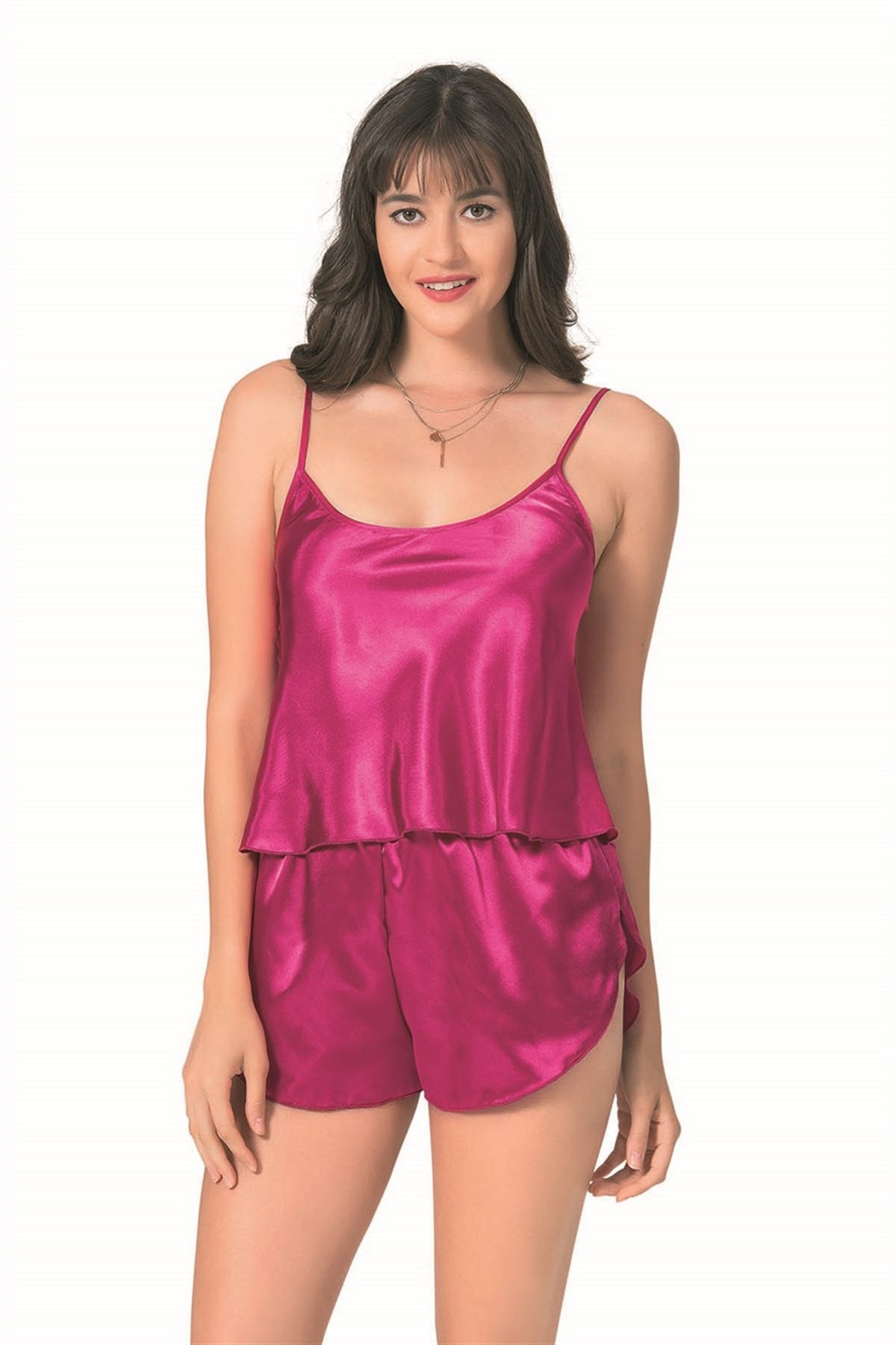 Kirschrotes Babydoll-Shorts-Set aus Satin