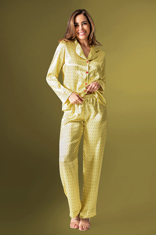 Women's Sateen Yellow 2 Pieces Pajama Set
