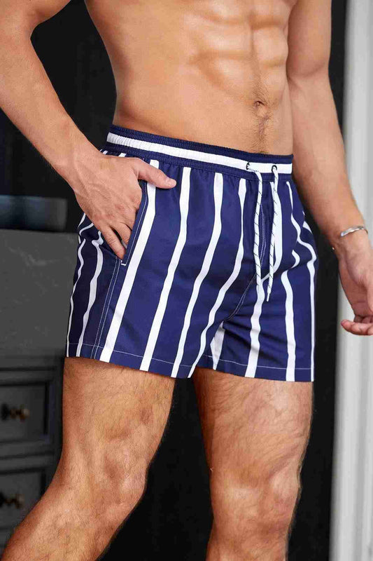 Men's Basic Standard Size Striped Printed Swimsuit Pocket Marine Shorts Blue
