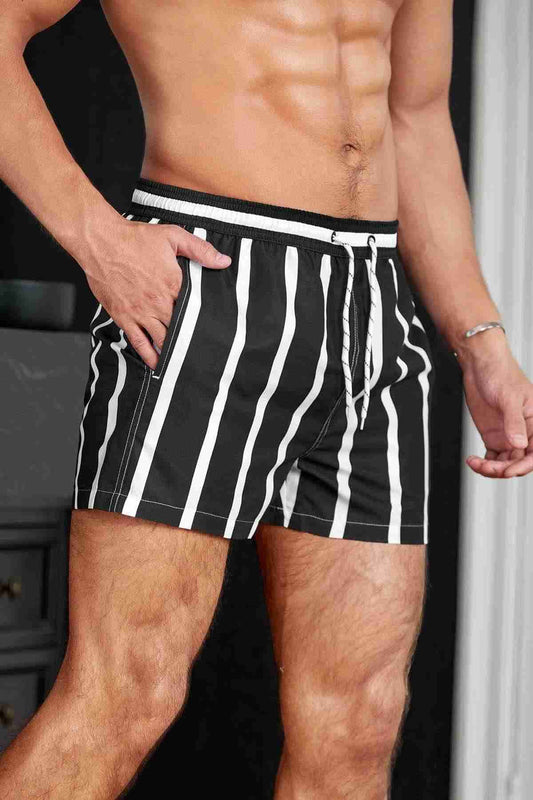 Men's Basic Standard Size Striped Printed Swimsuit Pocket Marine Shorts Black