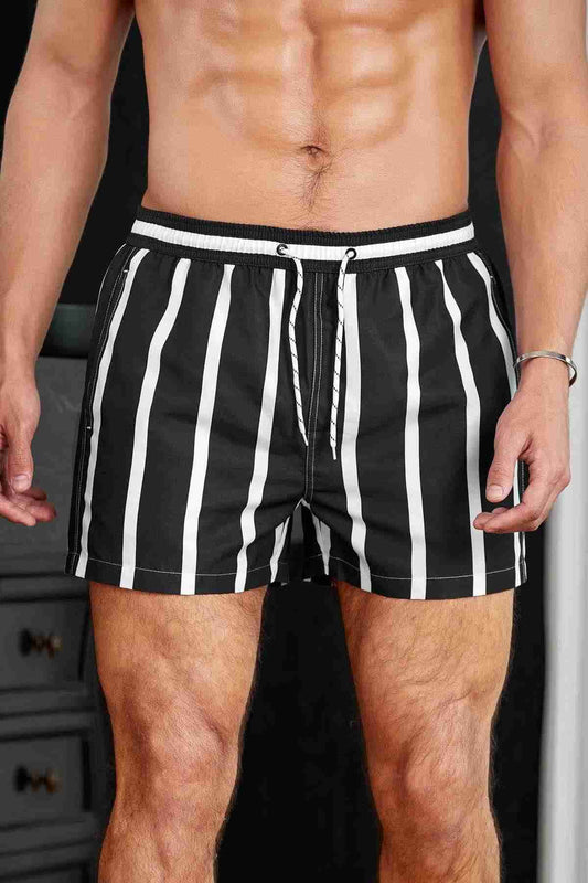 Men's Basic Standard Size Striped Printed Swimsuit Pocket Marine Shorts Black