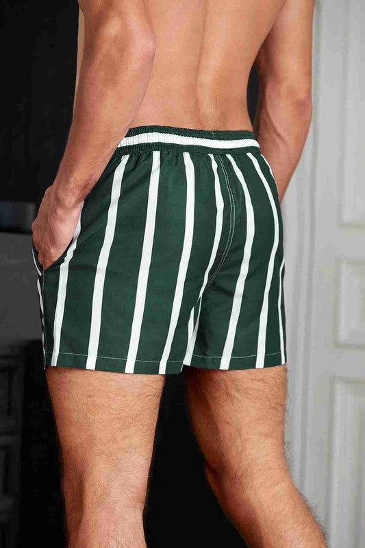 Men's Basic Standard Size Striped Printed Swimsuit Pocket Marine Shorts Green