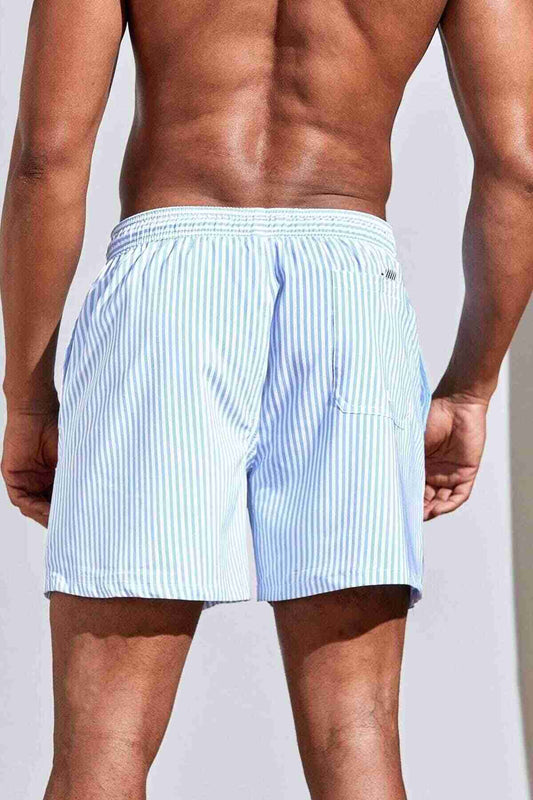 Men's Basic Standard Size Slim Striped Printed Swimsuit Pocket Marine Shorts Blue Light