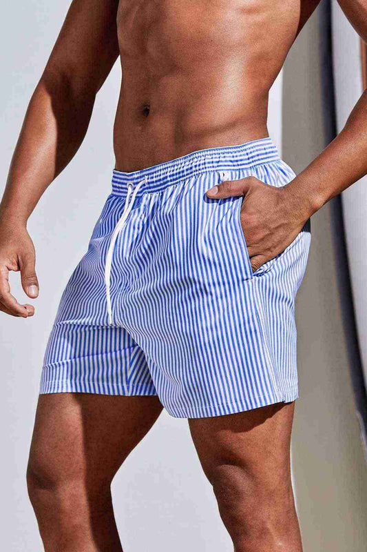 Men's Basic Standard Size Slim Striped Printed Swimsuit Pocket Marine Shorts Blue