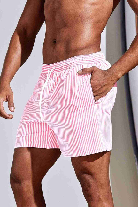 Men's Basic Standard Size Slim Striped Printed Swimsuit Pocket Marine Shorts Pink