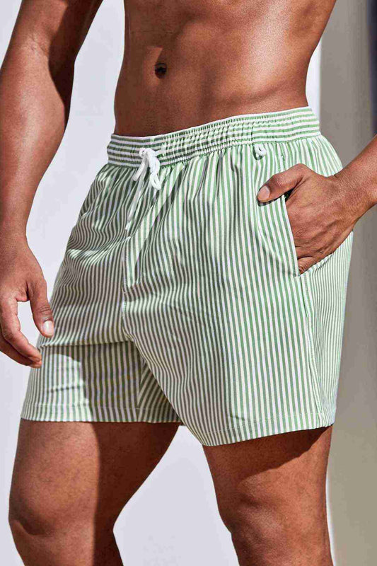 Men's Basic Standard Size Slim Striped Printed Swimsuit Pocket Marine Shorts Green