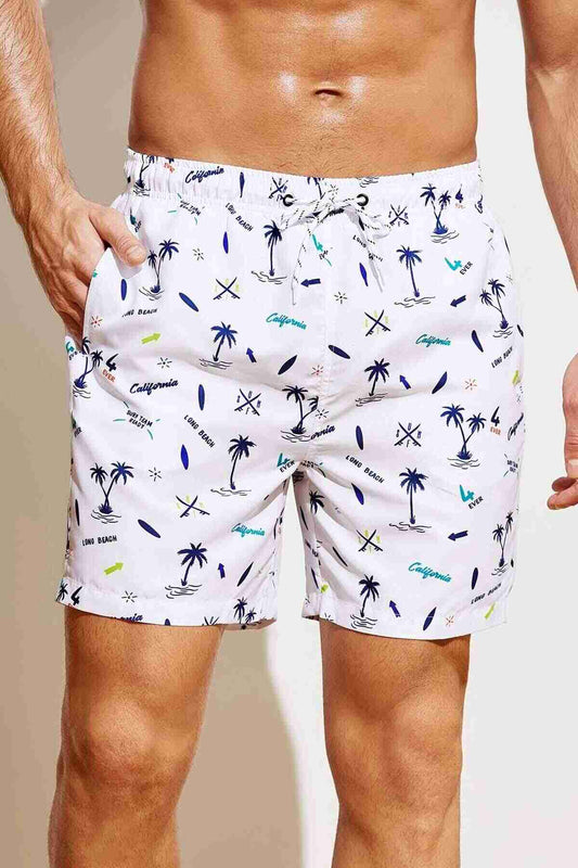 Men's Basic Standard Size Palm Printed Swimsuit Pocket Marine Shorts White