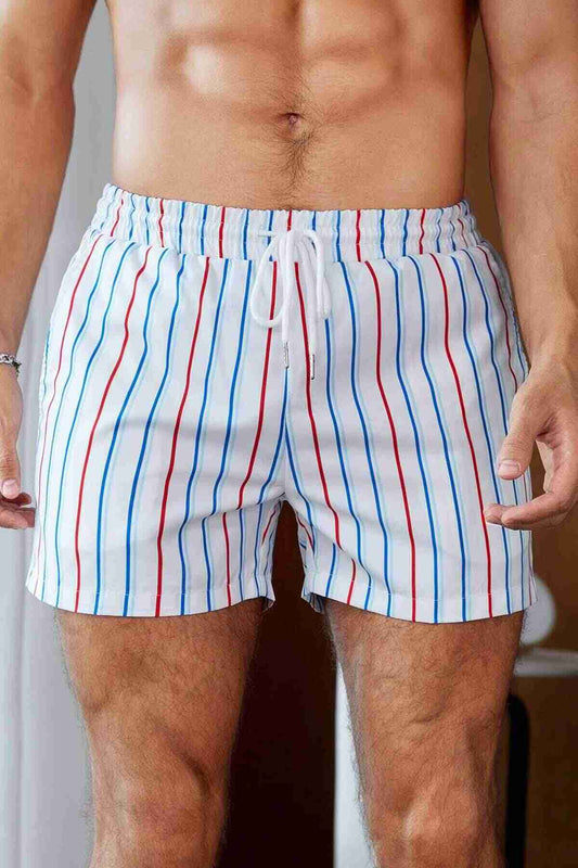 Men's Basic Standard Size Color Striped Printed Swimsuit Pocket Marine Shorts White