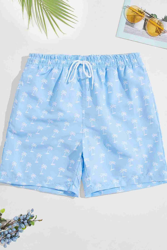 Men's Basic Standard Size stylish Palm Printed Swimsuit Pocket Marine shorts Blue