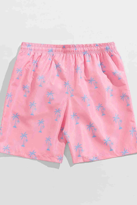 Men's Basic Standard Size stylish Palm Printed Swimsuit Pocket Marine shorts Pink