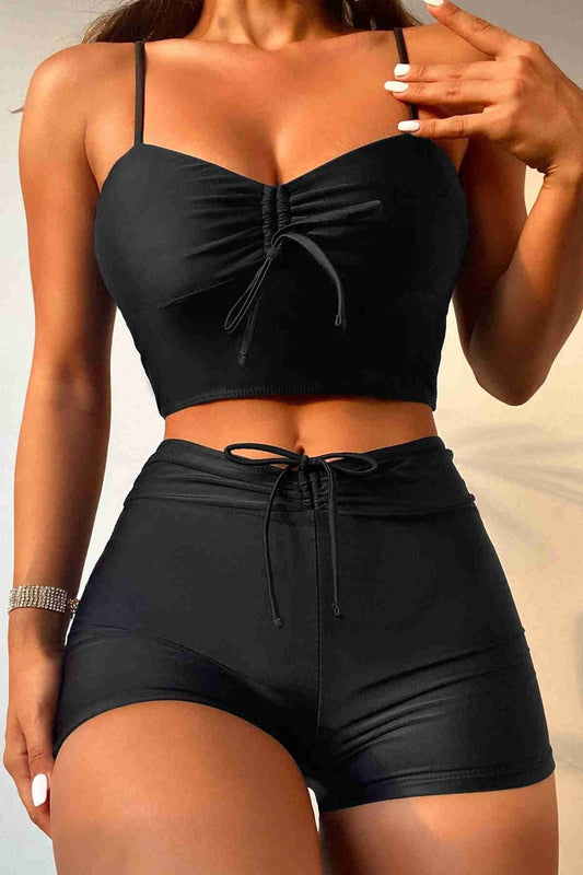 Front Adjustable Ruffle Marine Shorts Tankini Bikini Suit Black
