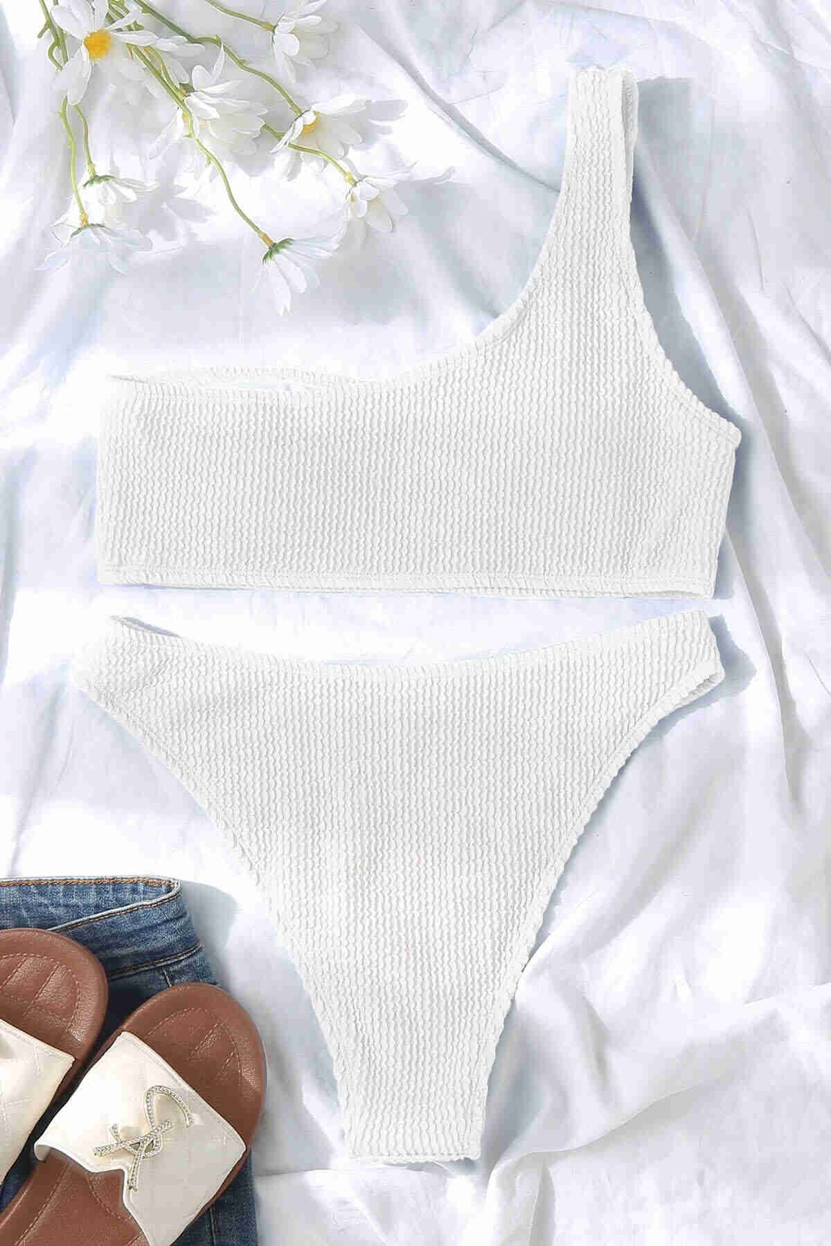 Custom Ribbed Fabric Bikini Suit White