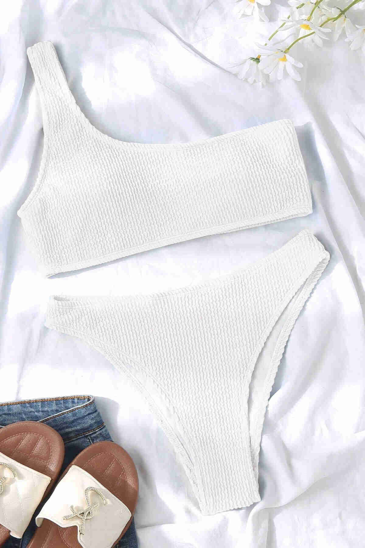 Custom Ribbed Fabric Bikini Suit White