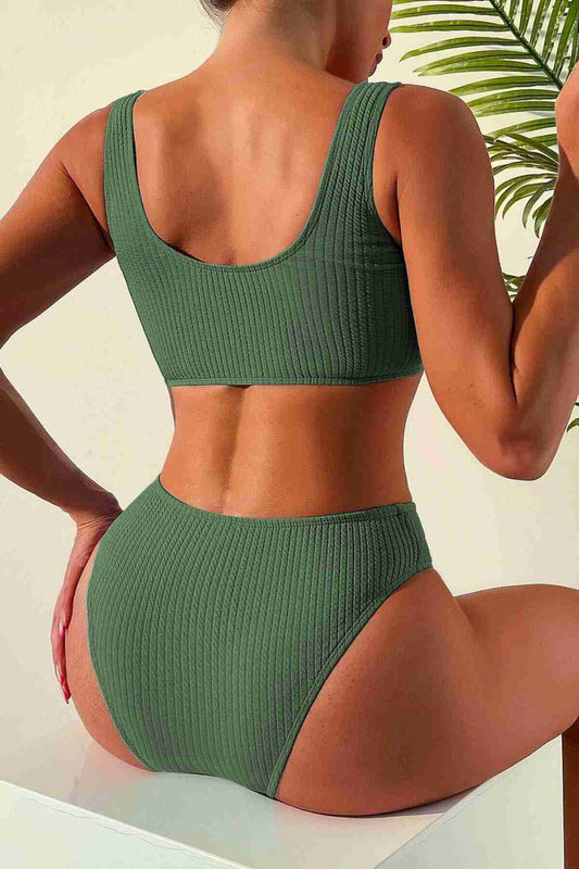 Custom Ribbed Fabric High Waist Tankini Bikini Suit Green