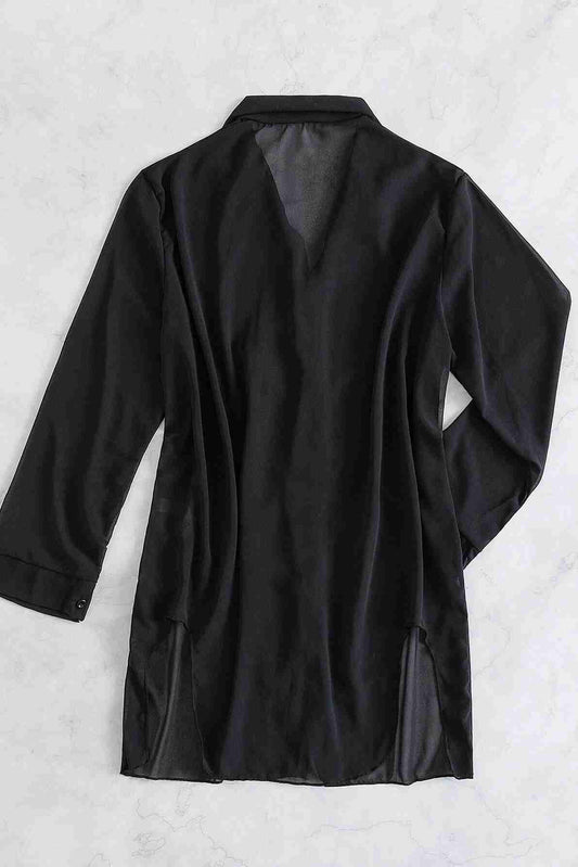 Chiffon Shirt Beach Dress Pareo Kimono Kaftan Black