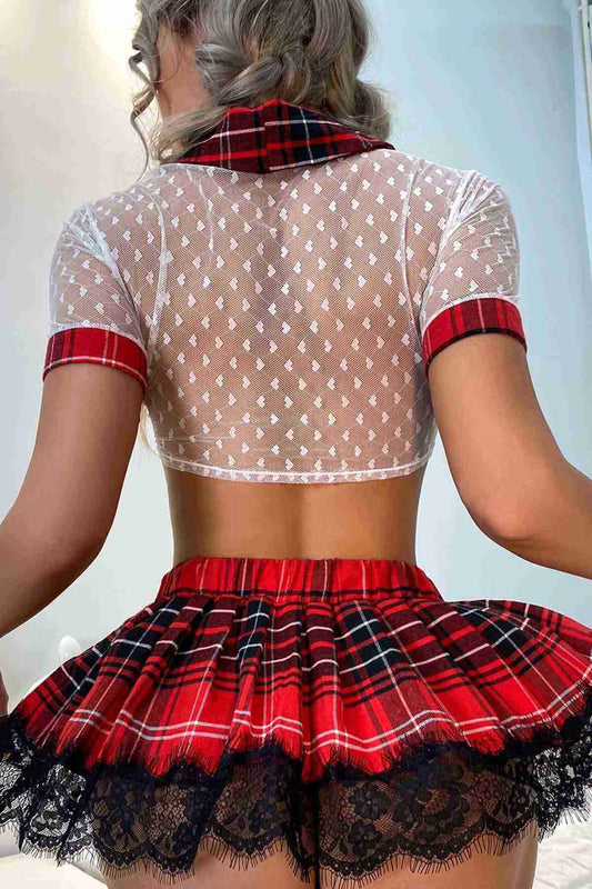 Sexy Heart Plaid Skirt and Bustier Fantasy High School Costume Multicolor
