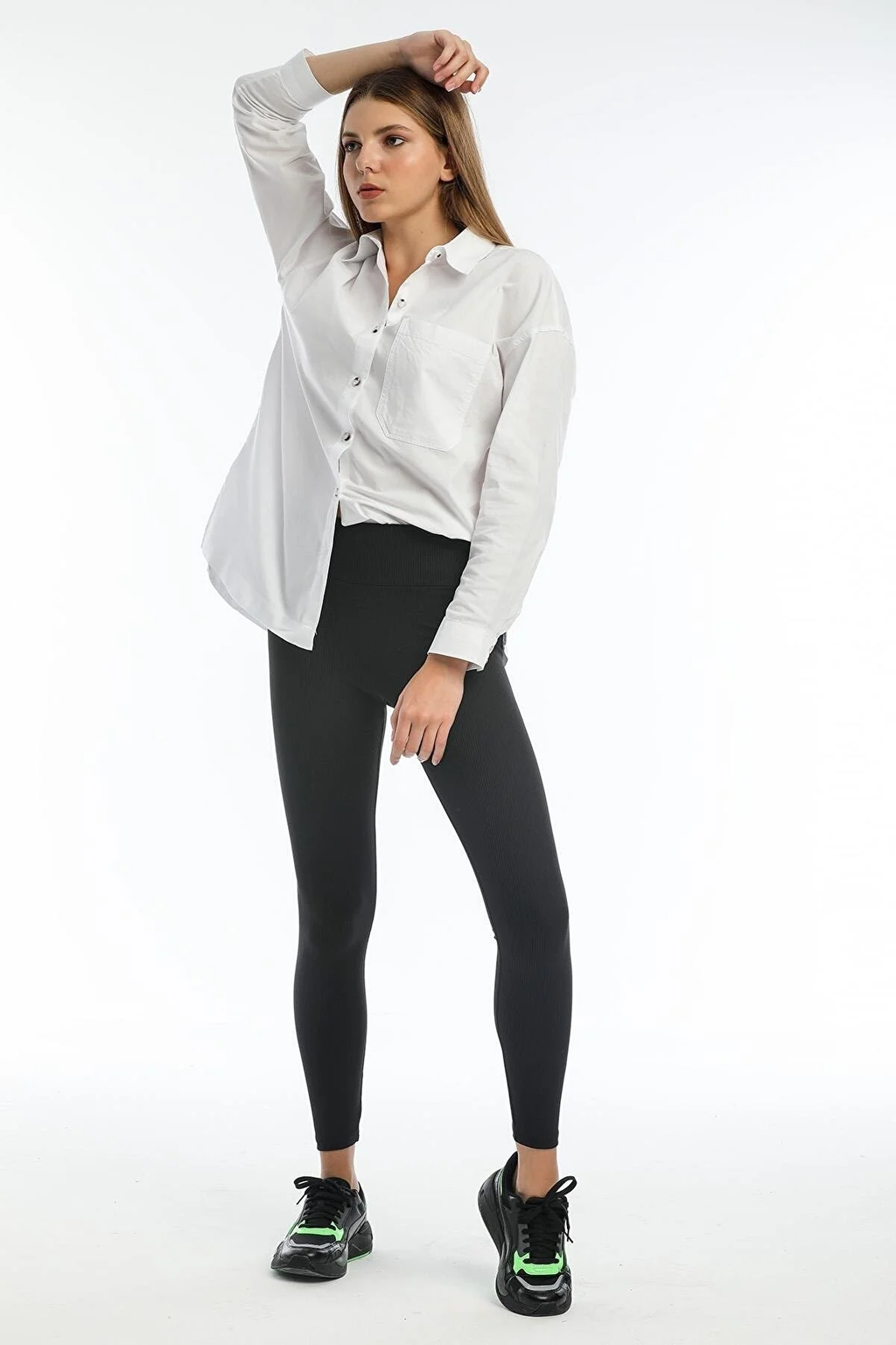 Schwarze gerippte Leggings mit hoher Taille 0608