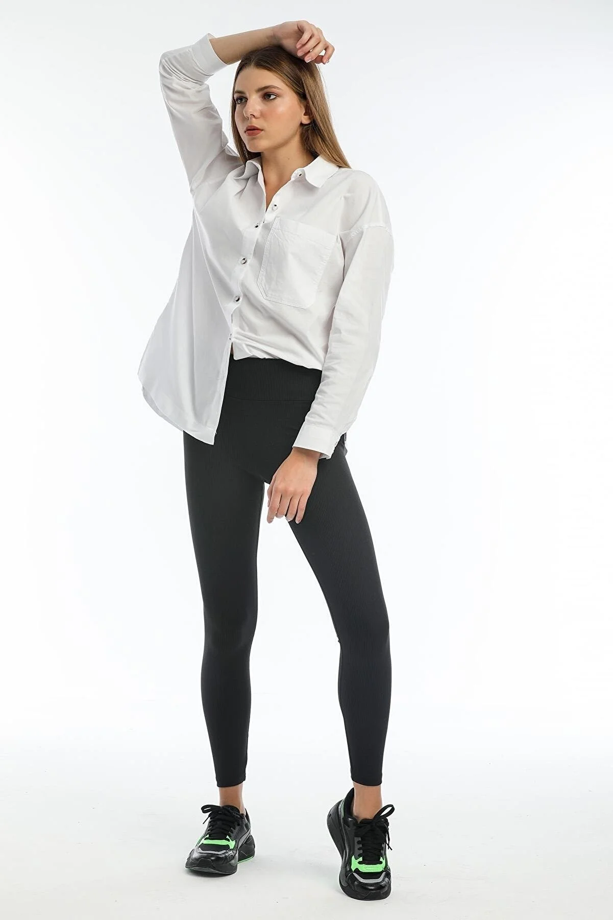 Schwarze gerippte Leggings mit hoher Taille 0608