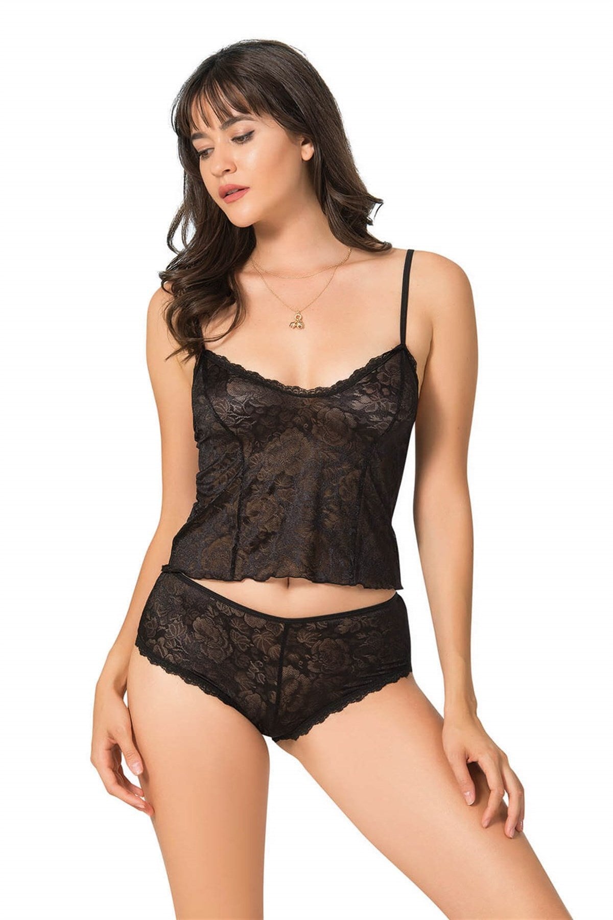 Schwarzes Jacquard-Babydoll-Shorts-Set