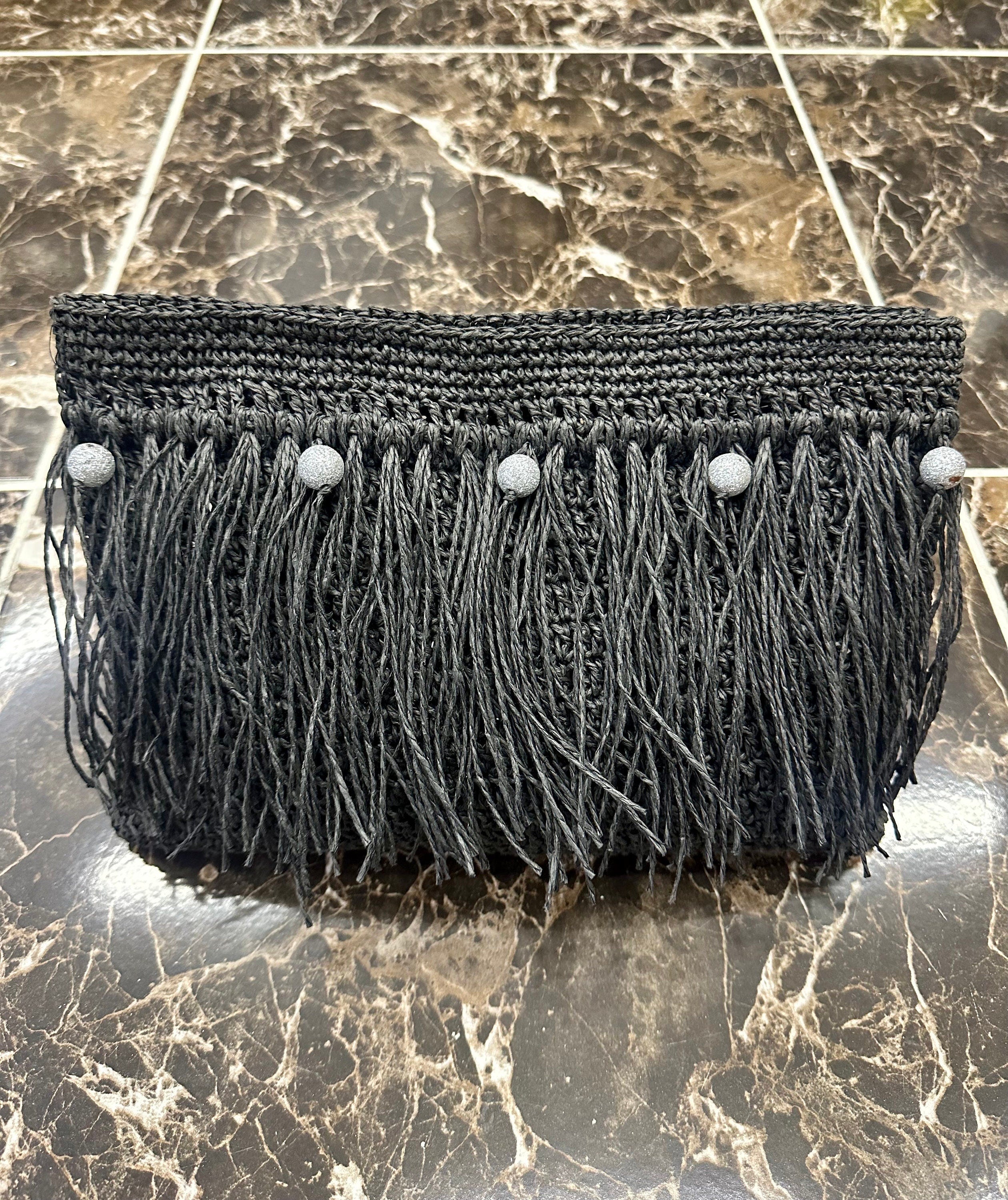 Black Paper Rope Clutch with wooden bead,Summer Bag Clutch, Handmade Bag Woven, Paper Yarn Bag, Clutch