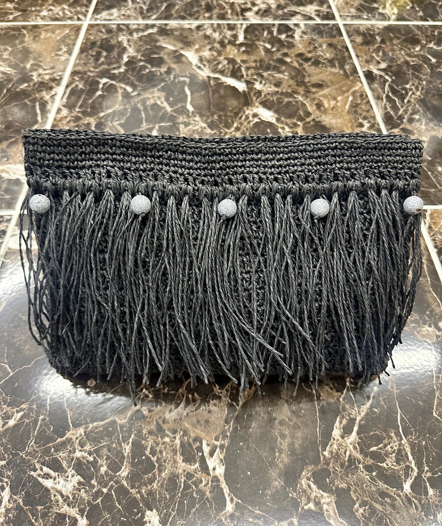 Black Paper Rope Clutch with wooden bead,Summer Bag Clutch, Handmade Bag Woven, Paper Yarn Bag, Clutch