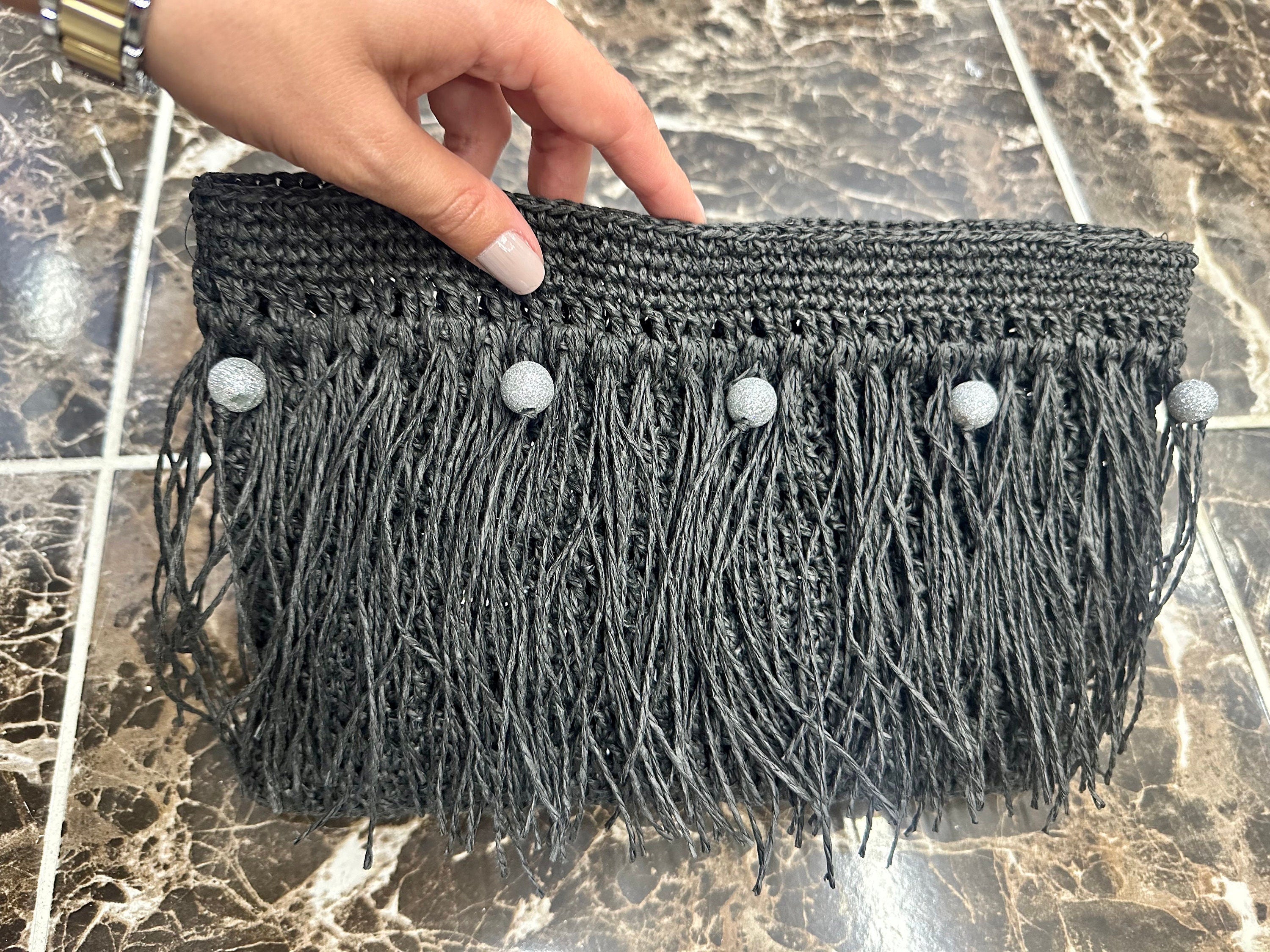 Black Paper Rope Clutch with wooden bead,Summer Bag Clutch, Handmade Bag Woven, Paper Yarn Bag, Clutch