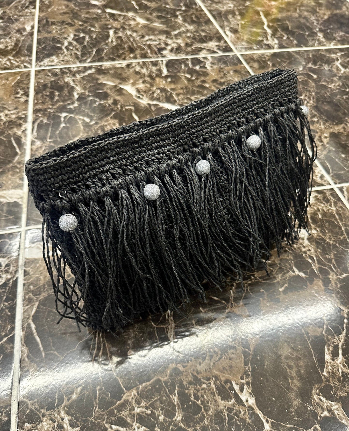 Black Paper Rope Clutch with wooden bead,Summer Bag Clutch, Handmade Bag Woven, Paper Yarn Bag, Clutch