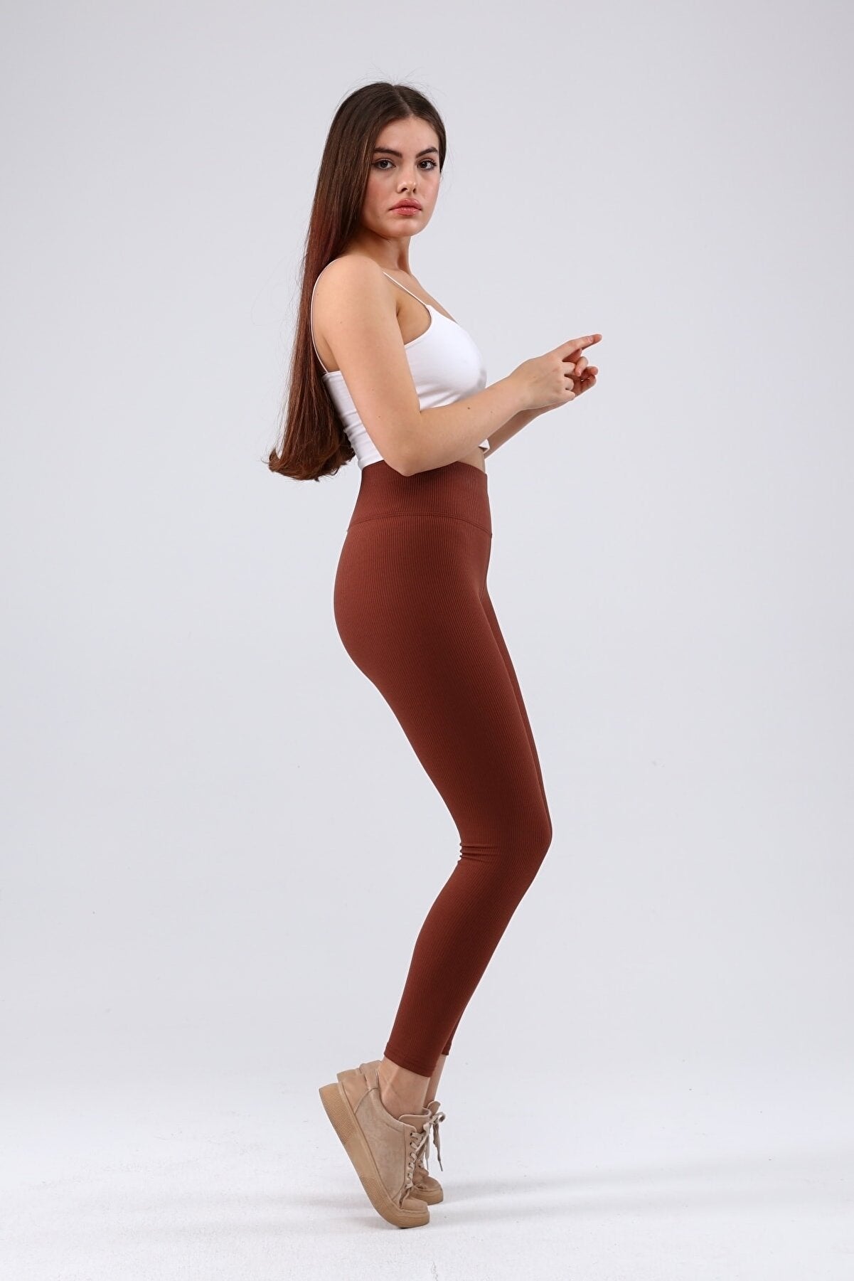 Burgunderrote gerippte Leggings mit hoher Taille 0608