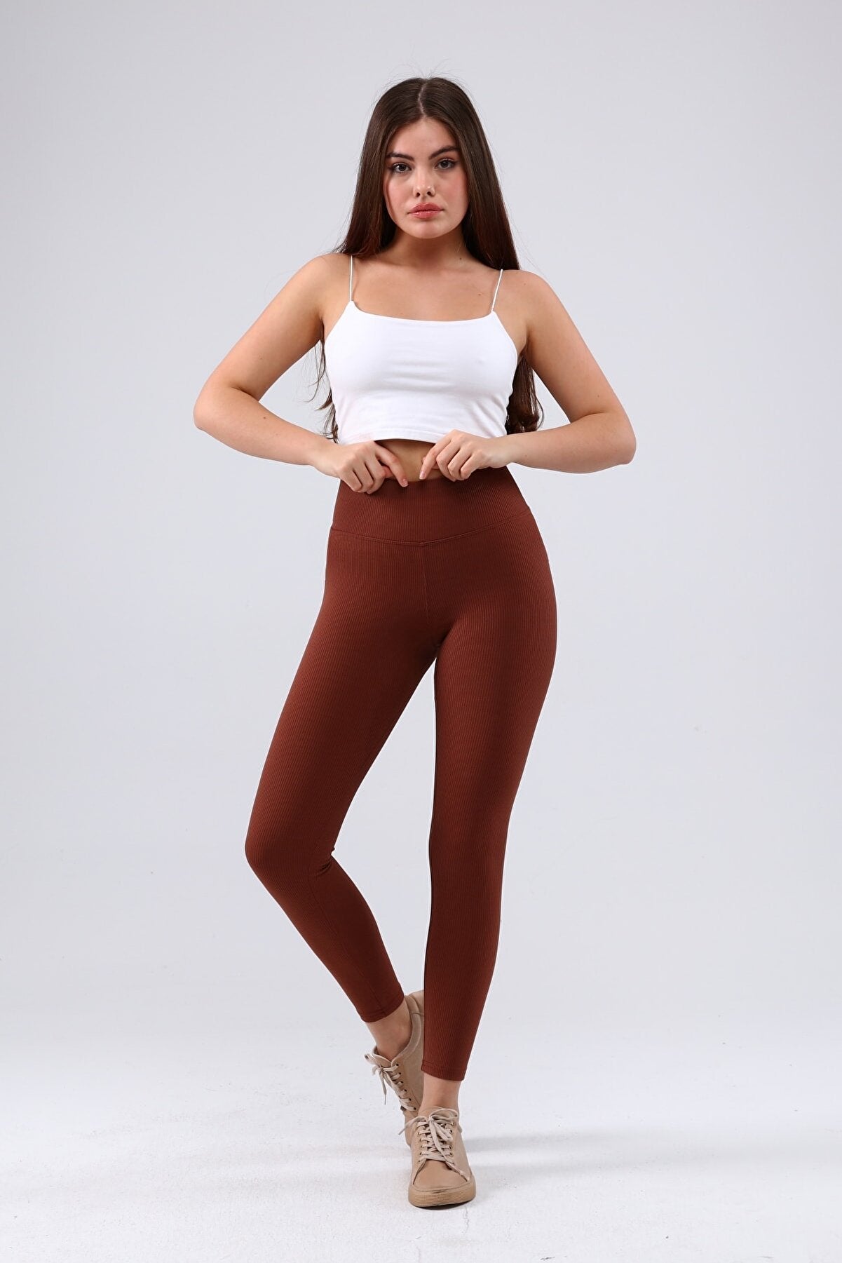 Burgunderrote gerippte Leggings mit hoher Taille 0608
