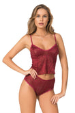 Burgunderrotes Jacquard-Babydoll-Shorts-Set