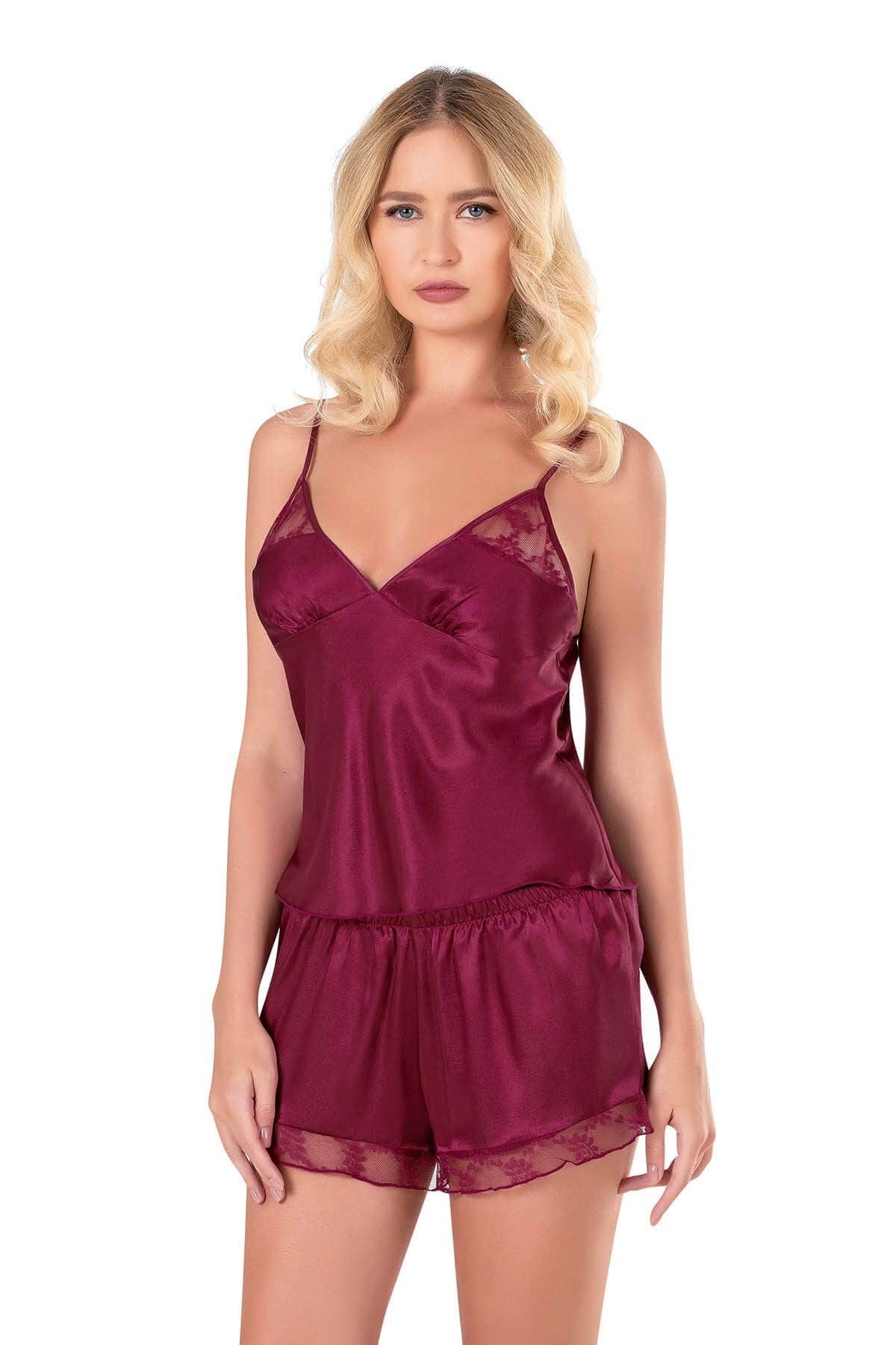 Burgundy Satin Babydoll Shorts Set