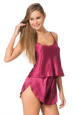 Burgundy Satin Babydoll Shorts Set