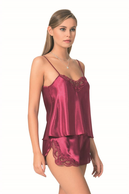 Burgundy Satin Babydoll Shorts Set