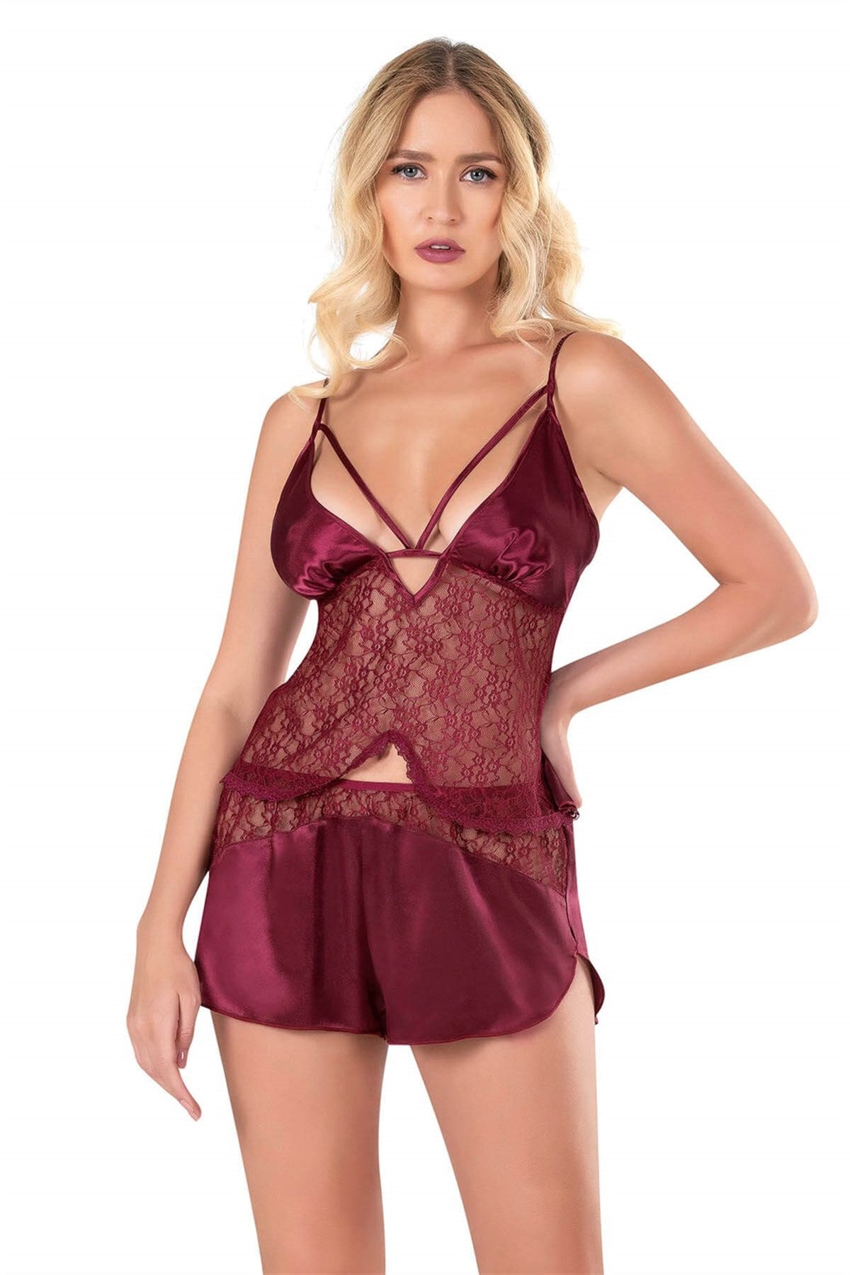 Burgunderrotes Babydoll-Shorts-Set aus Satin
