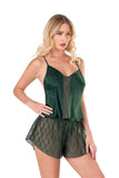 Dark Green Satin Babydoll Shorts Set