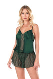 Dark Green Satin Babydoll Shorts Set
