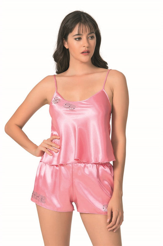 Dark Pink Satin Babydoll Shorts Set