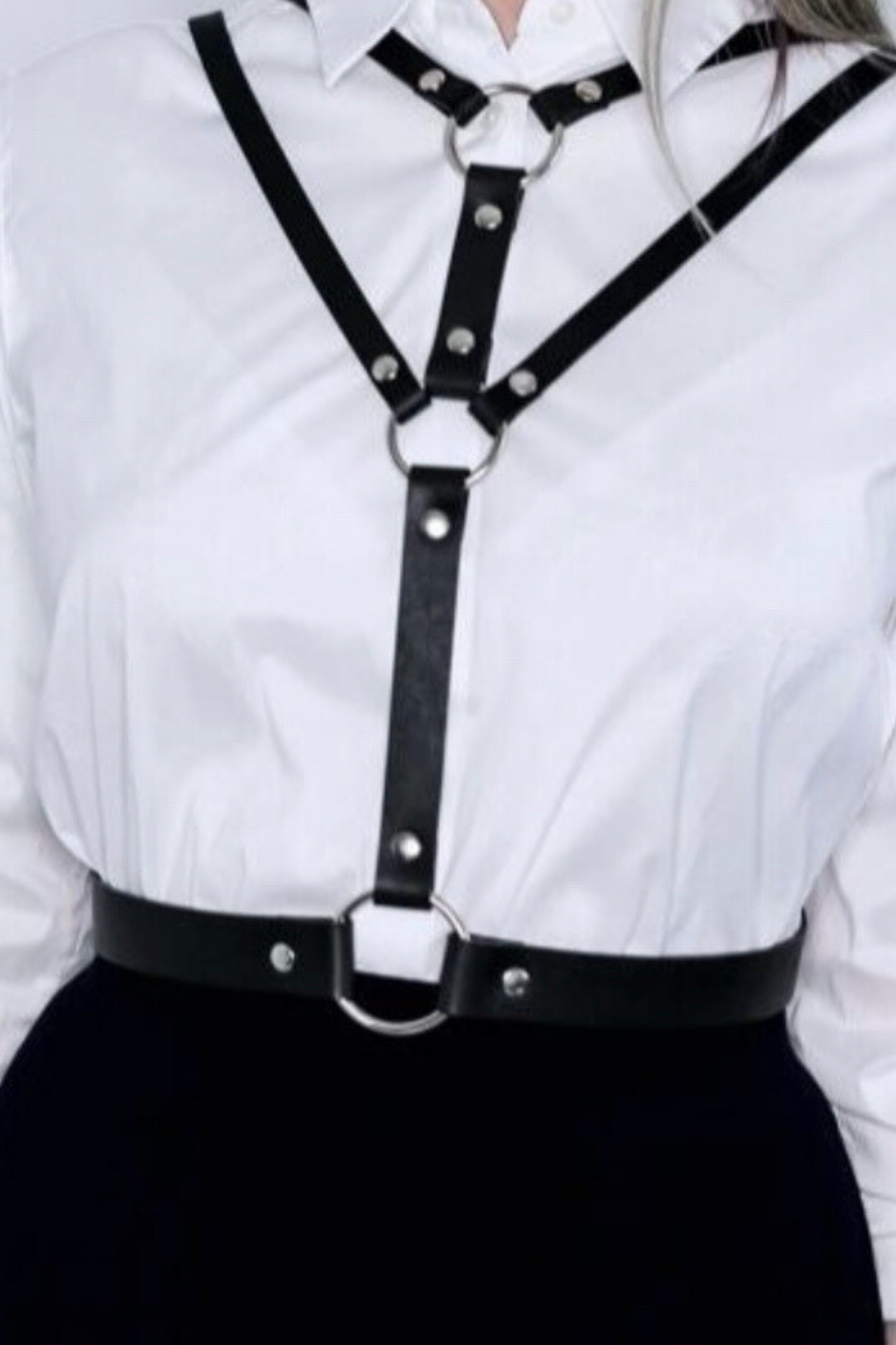 Elegant Double Harness Faux Leather Belt with Tie Waist on Top of Dress 800568